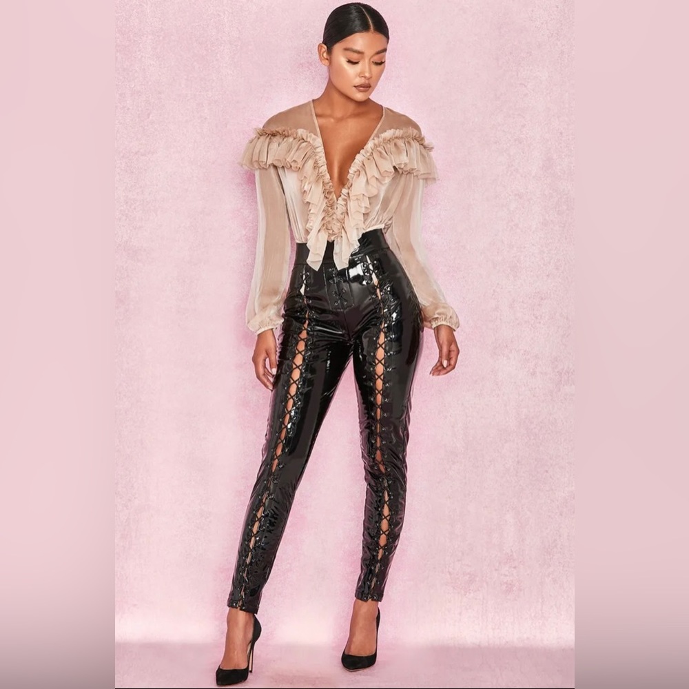 HOUSE OF CB Anaya Beige Ruffle Plunge Bodysuit